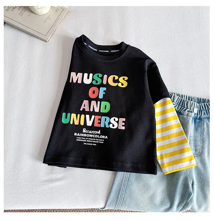 Kids T-Shirt Set Black Striped Sleeve Boys Autumn Wear — feature 9