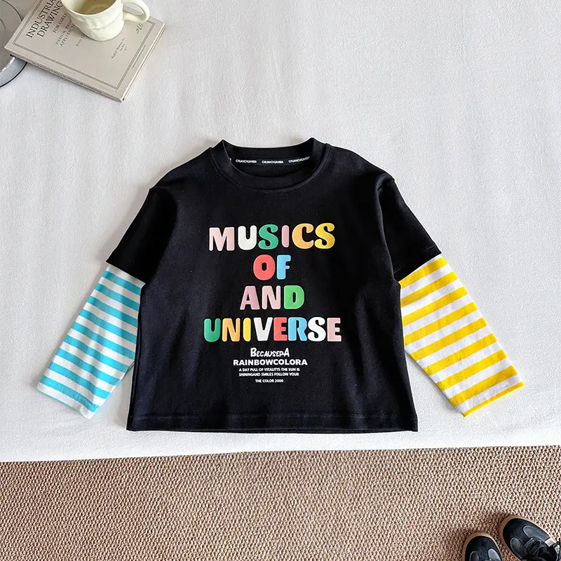 Kids T-Shirt Set Black Striped Sleeve Boys Autumn Wear