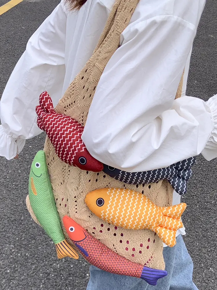 Retro Knitted Tassel Bag with Fish Design - Image 6