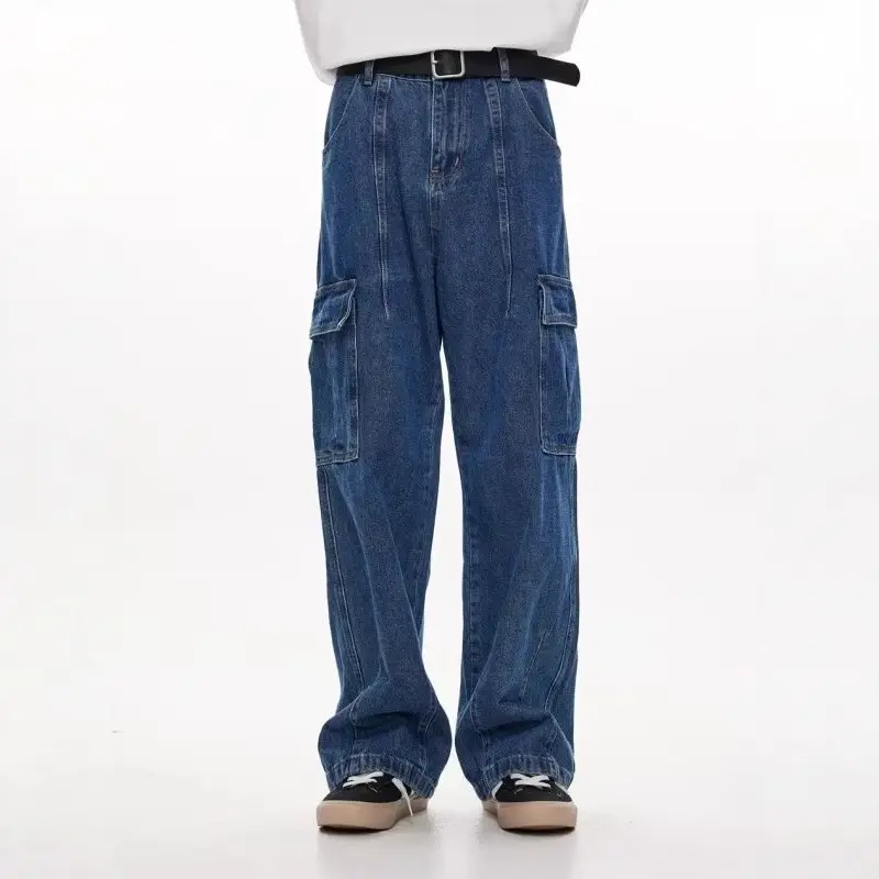 Wide Leg Dark Blue Jeans for Men Women Retro Workwear