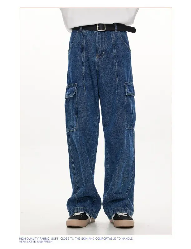 Wide Leg Dark Blue Jeans for Men Women Retro Workwear — feature 19