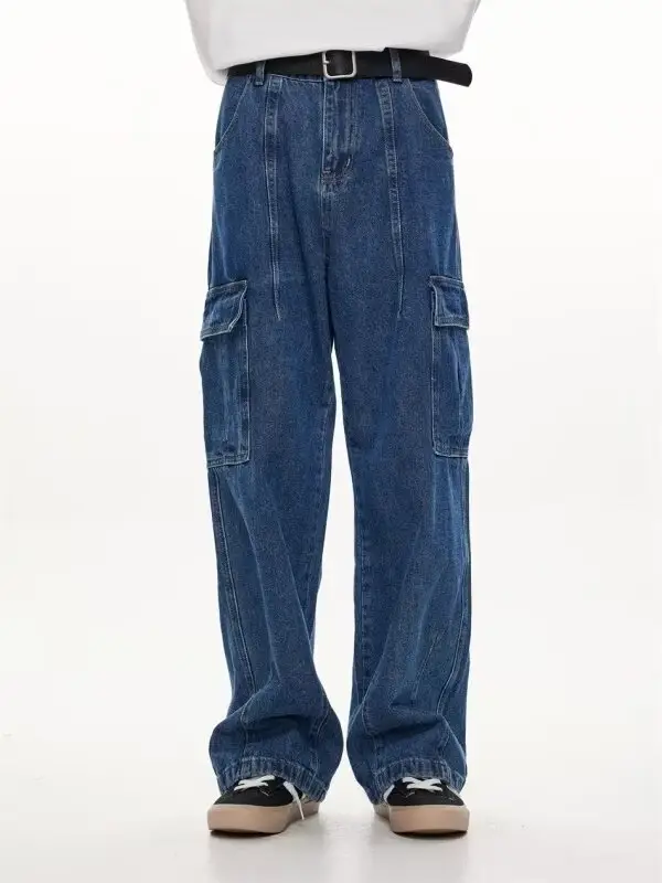 Wide Leg Dark Blue Jeans for Men Women Retro Workwear — feature 4