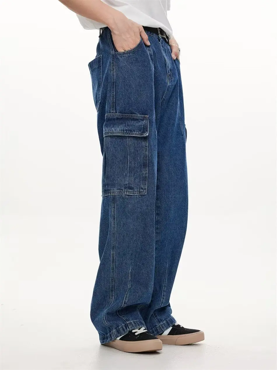Wide Leg Dark Blue Jeans for Men Women Retro Workwear — feature 7