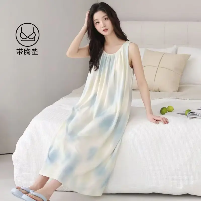 Nightgown with Breast Pads, Cloud Cotton Women's Summer Sleeveless Vest Long Skirt, Thin Anti-Bump Loose Outer Dress — feature 1