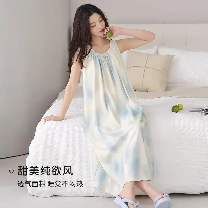 Nightgown with Breast Pads, Cloud Cotton Women's Summer Sleeveless Vest Long Skirt, Thin Anti-Bump Loose Outer Dress — feature 2