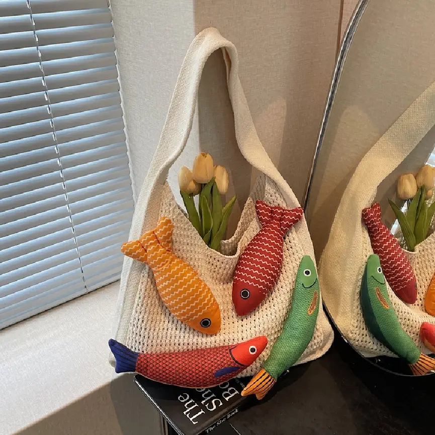 Vintage Fish Knitted Tote Bag with Leather Strap - Image 5