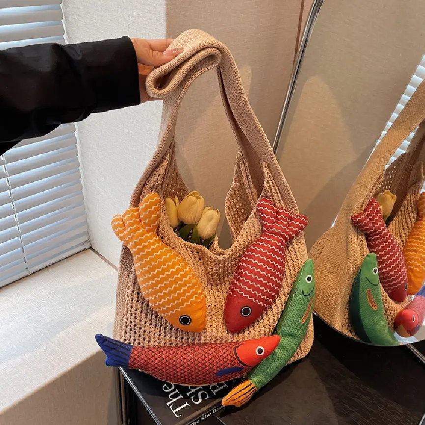 Vintage Fish Knitted Tote Bag with Leather Strap - Image 6