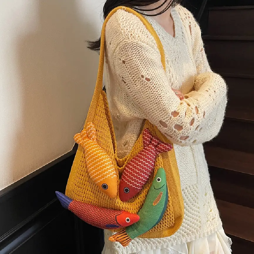 Vintage Fish Knitted Tote Bag with Leather Strap - Image 7