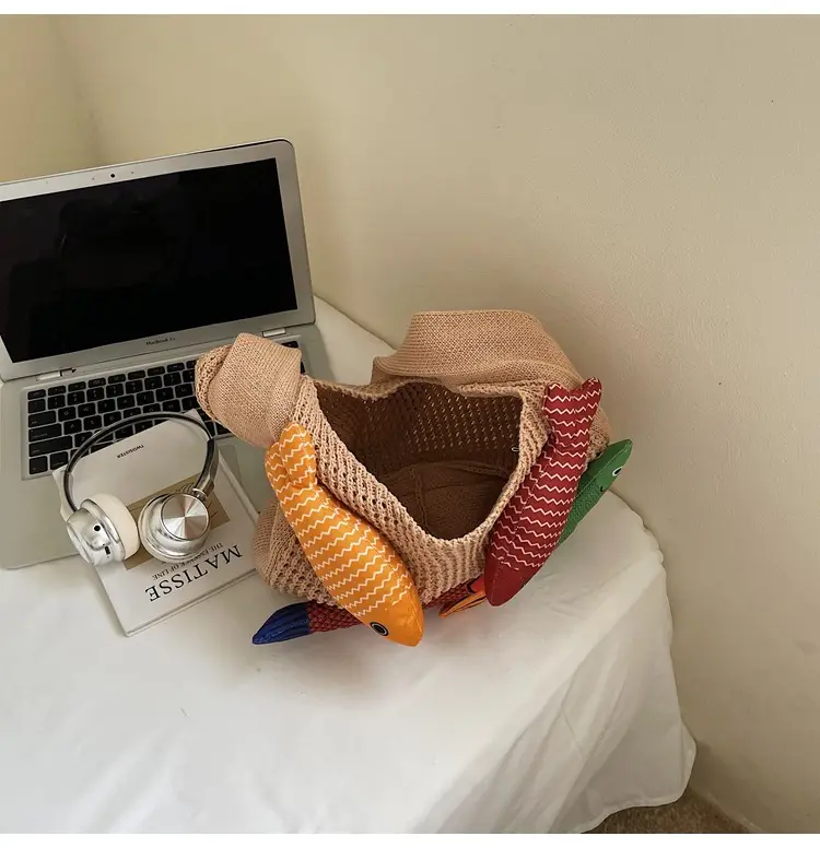 Vintage Fish Knitted Tote Bag with Leather Strap — feature 10