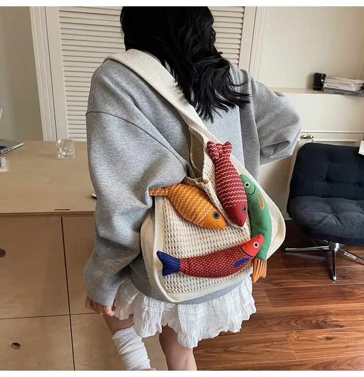 Vintage Fish Knitted Tote Bag with Leather Strap — feature 12