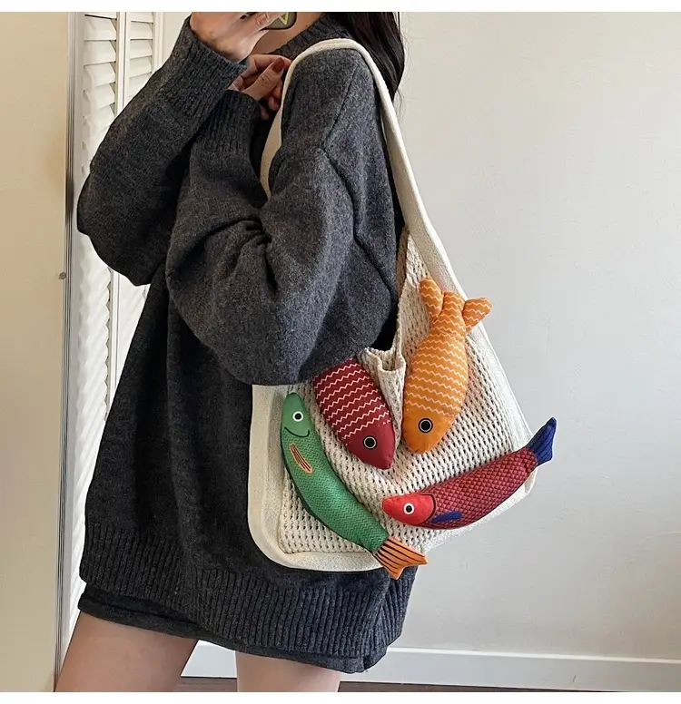 Vintage Fish Knitted Tote Bag with Leather Strap — feature 14