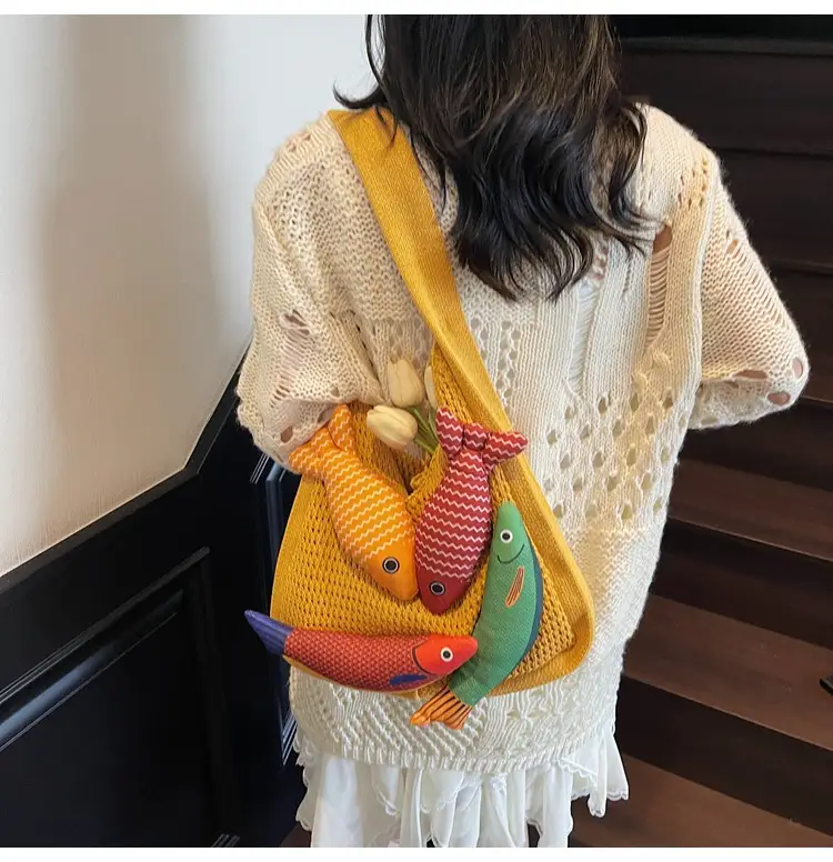 Vintage Fish Knitted Tote Bag with Leather Strap — feature 15