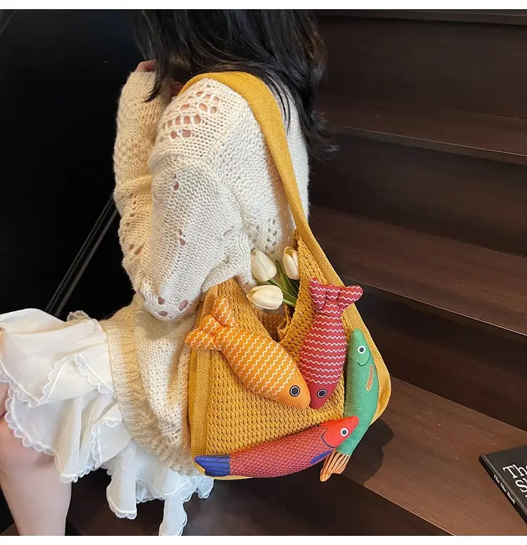 Vintage Fish Knitted Tote Bag with Leather Strap — feature 18