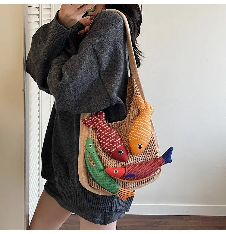 Vintage Fish Knitted Tote Bag with Leather Strap — feature 19