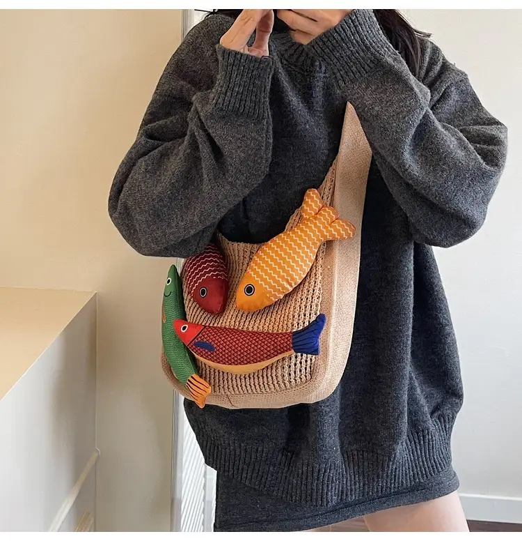 Vintage Fish Knitted Tote Bag with Leather Strap — feature 21