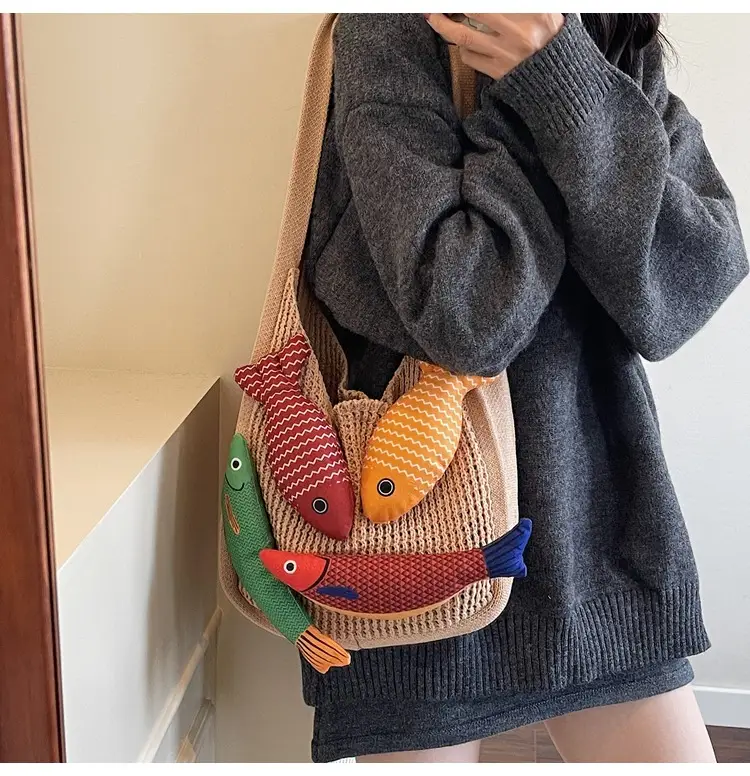Vintage Fish Knitted Tote Bag with Leather Strap — feature 22