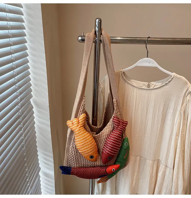 Vintage Fish Knitted Tote Bag with Leather Strap — feature 7