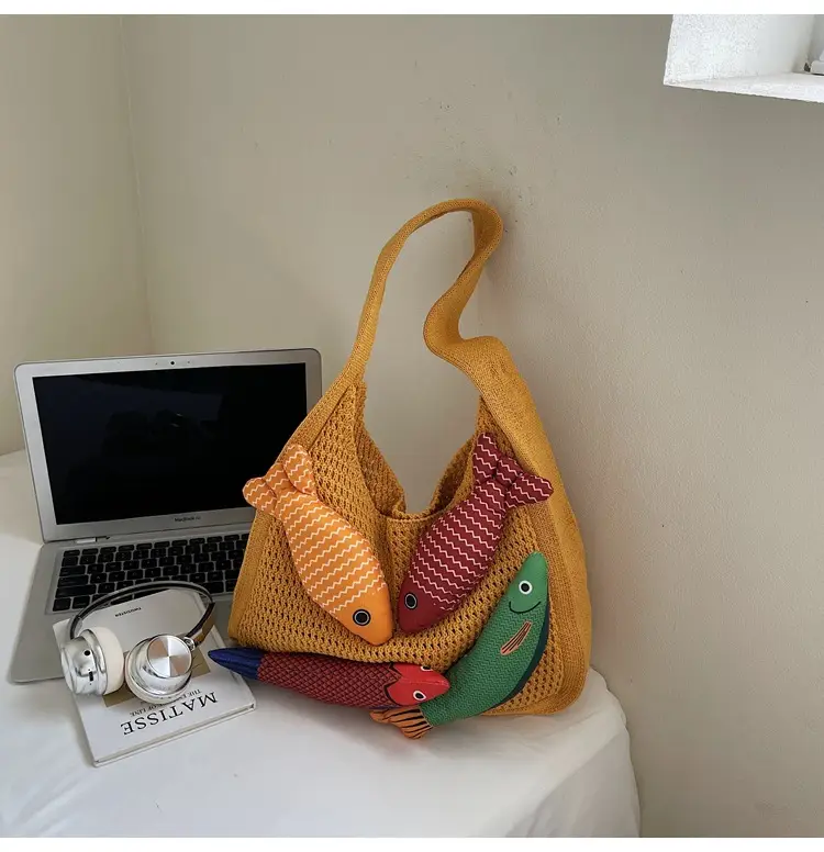 Vintage Fish Knitted Tote Bag with Leather Strap - Image 2