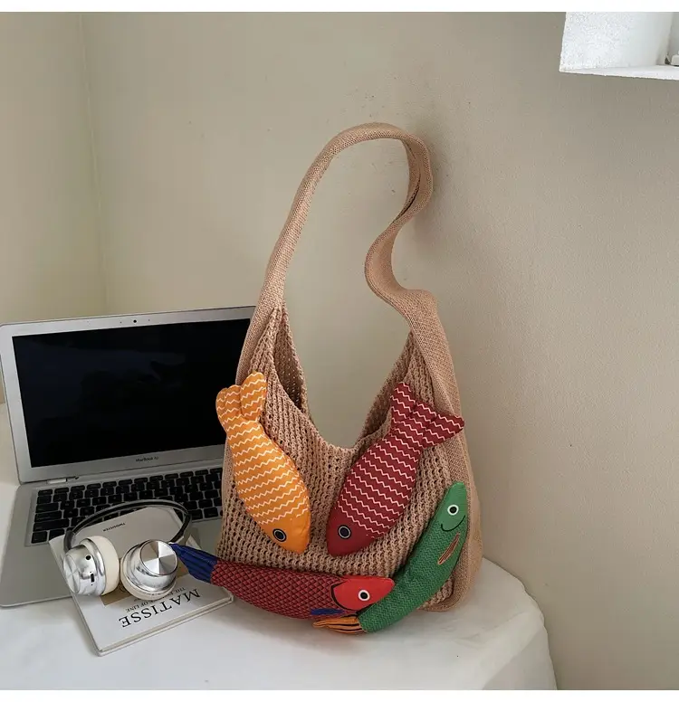 Vintage Fish Knitted Tote Bag with Leather Strap - Image 3