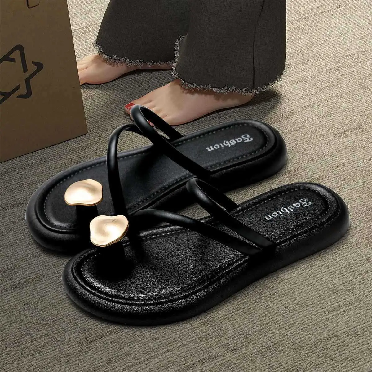 Women's Black & Beige Flat Slippers Summer - Image 2