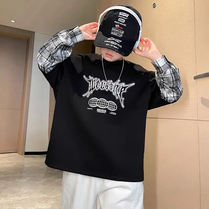 Boys Black Graphic Long Sleeve T-Shirt with Plaid Cap - Image 7