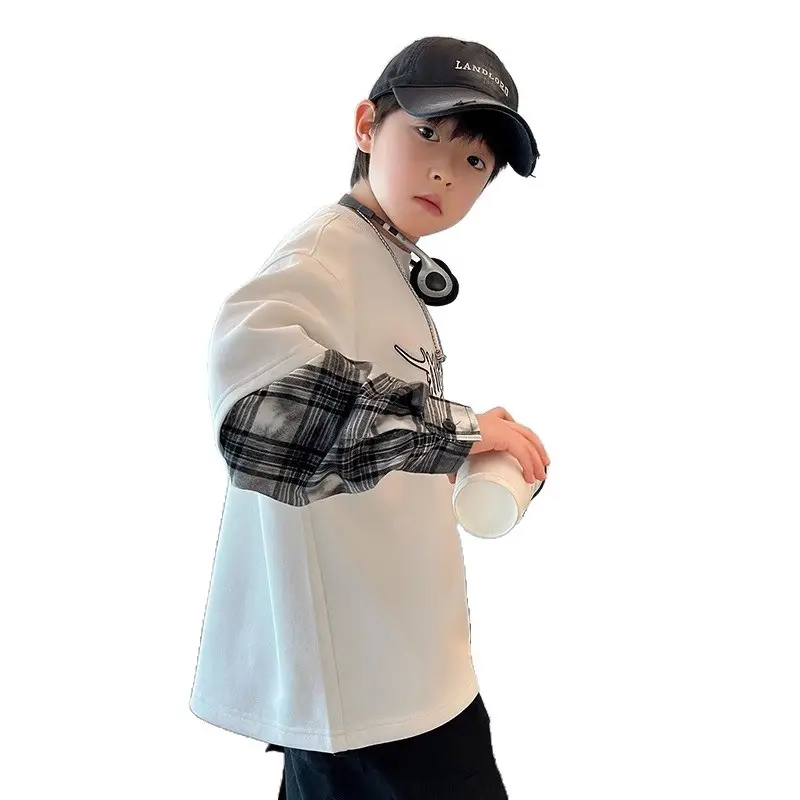 Boys Black Graphic Long Sleeve T-Shirt with Plaid Cap - Image 8