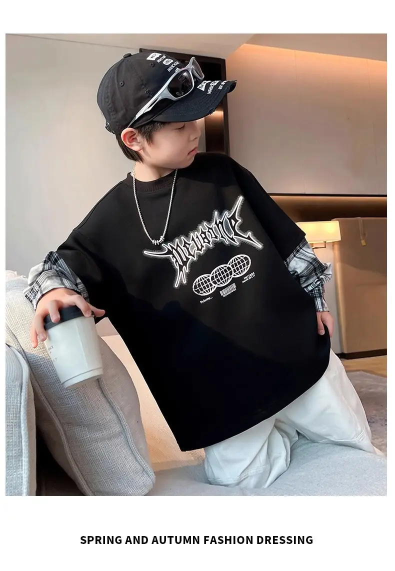 Boys Black Graphic Long Sleeve T-Shirt with Plaid Cap — feature 15