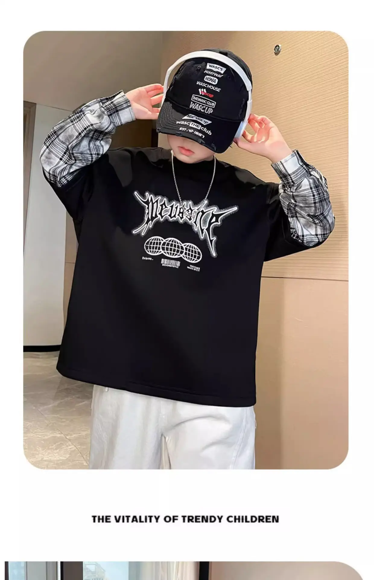 Boys Black Graphic Long Sleeve T-Shirt with Plaid Cap — feature 16