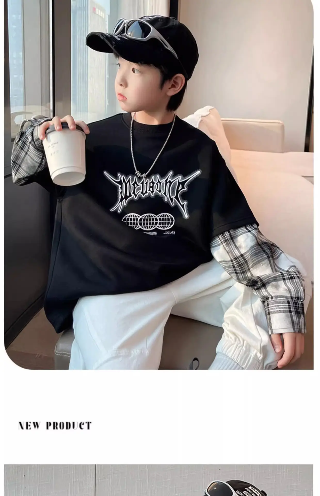 Boys Black Graphic Long Sleeve T-Shirt with Plaid Cap — feature 17