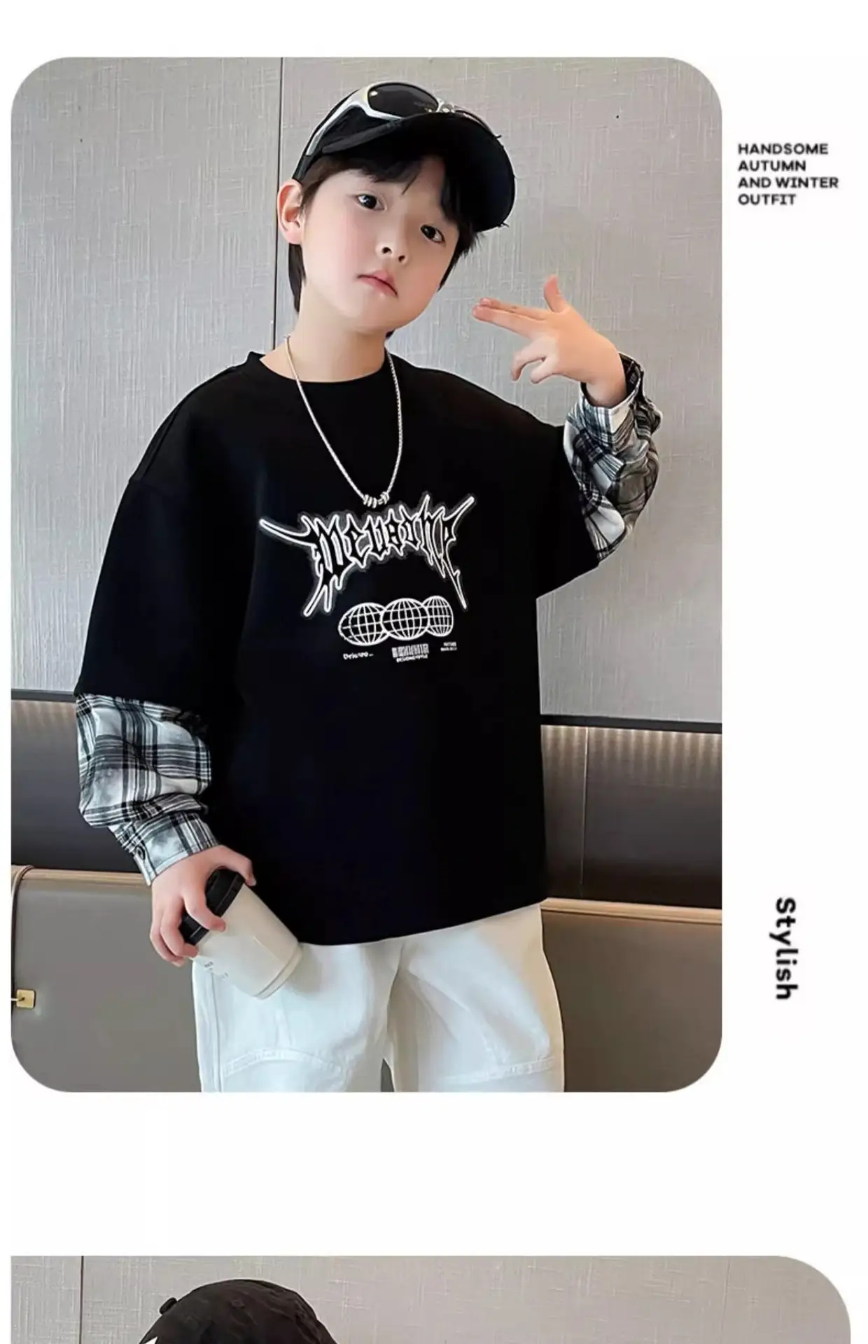Boys Black Graphic Long Sleeve T-Shirt with Plaid Cap — feature 19