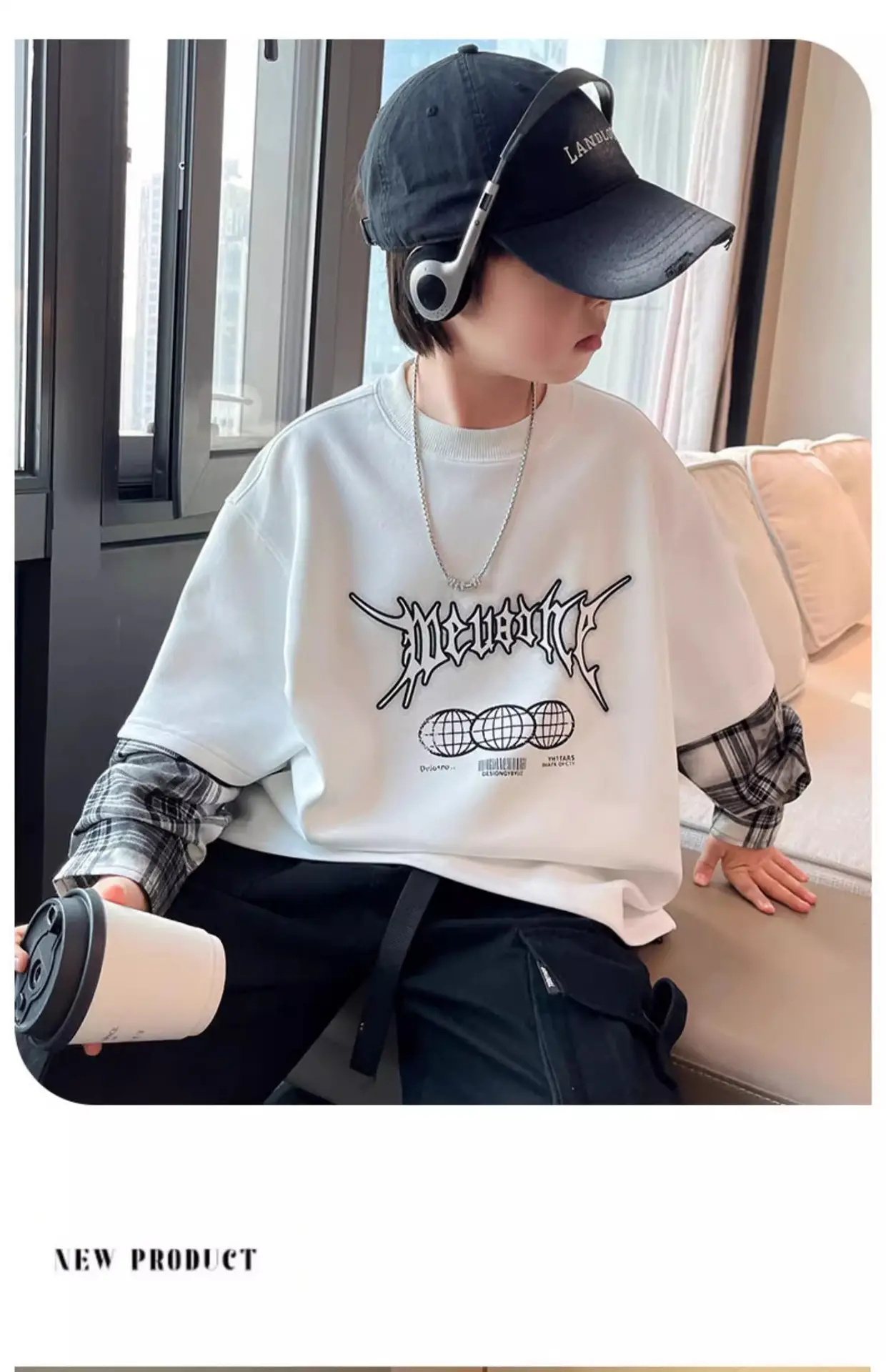 Boys Black Graphic Long Sleeve T-Shirt with Plaid Cap — feature 7