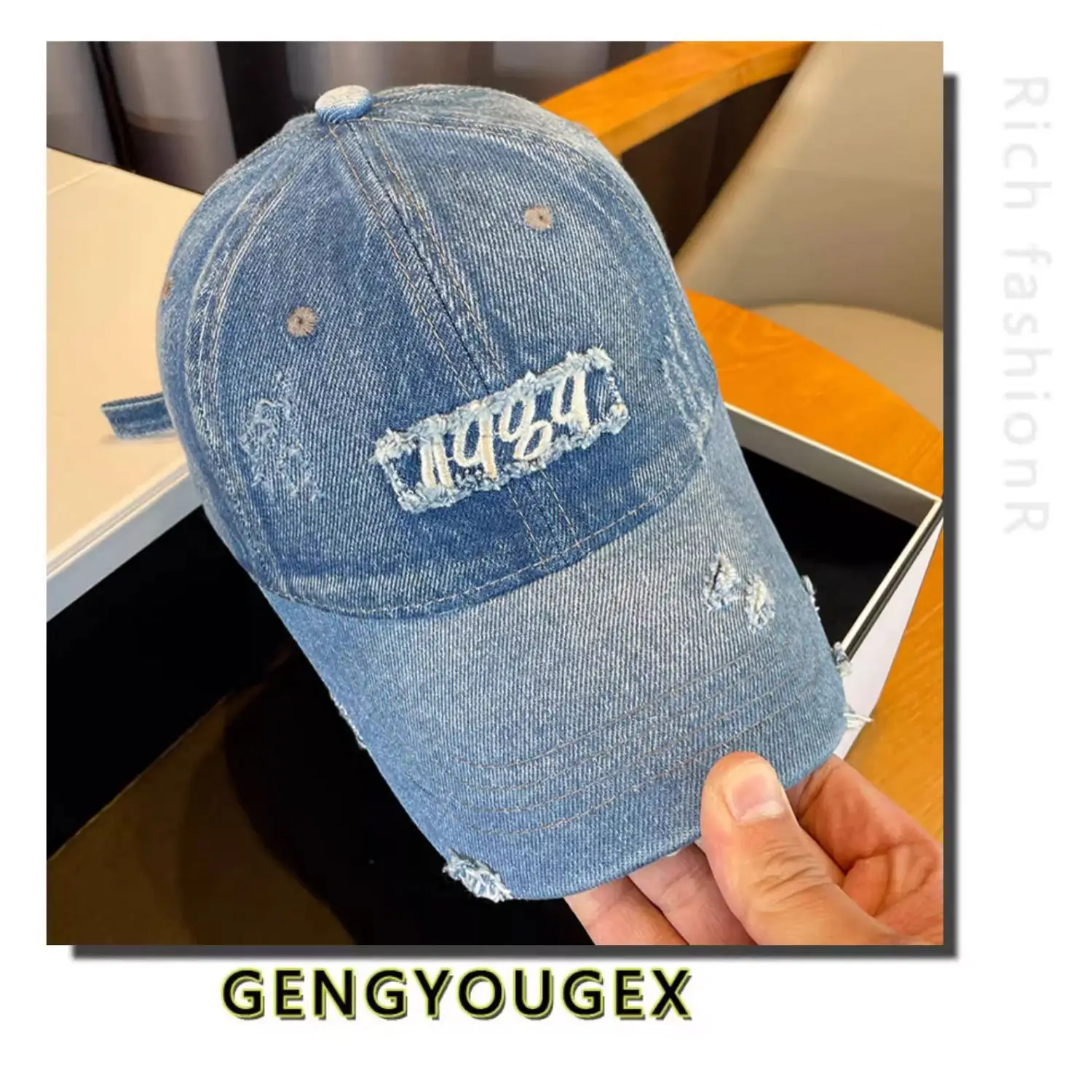 Vintage Distressed Denim Cap for Women Large Head — feature 11