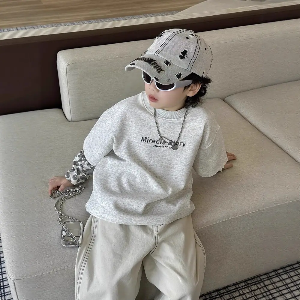 Boys Korean Style Loose T-Shirt Set Cream Patterned - Image 2