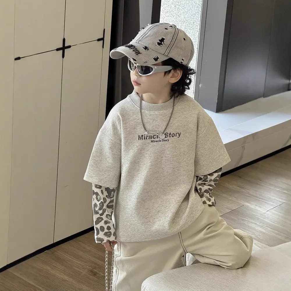 Boys Korean Style Loose T-Shirt Set Cream Patterned - Image 3