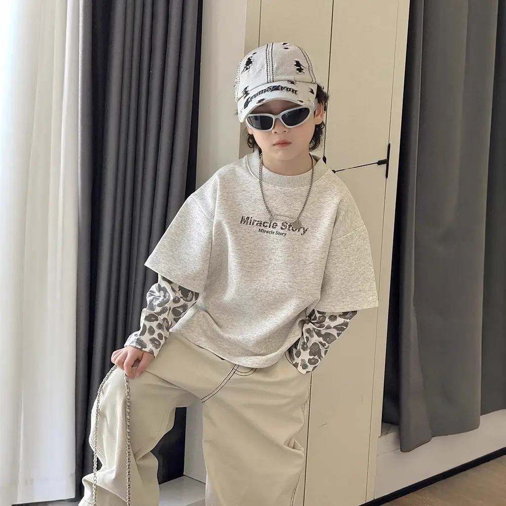 Boys Korean Style Loose T-Shirt Set Cream Patterned - Image 4