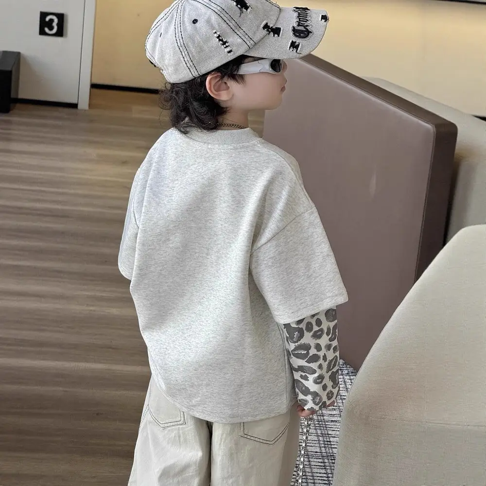 Boys Korean Style Loose T-Shirt Set Cream Patterned - Image 5