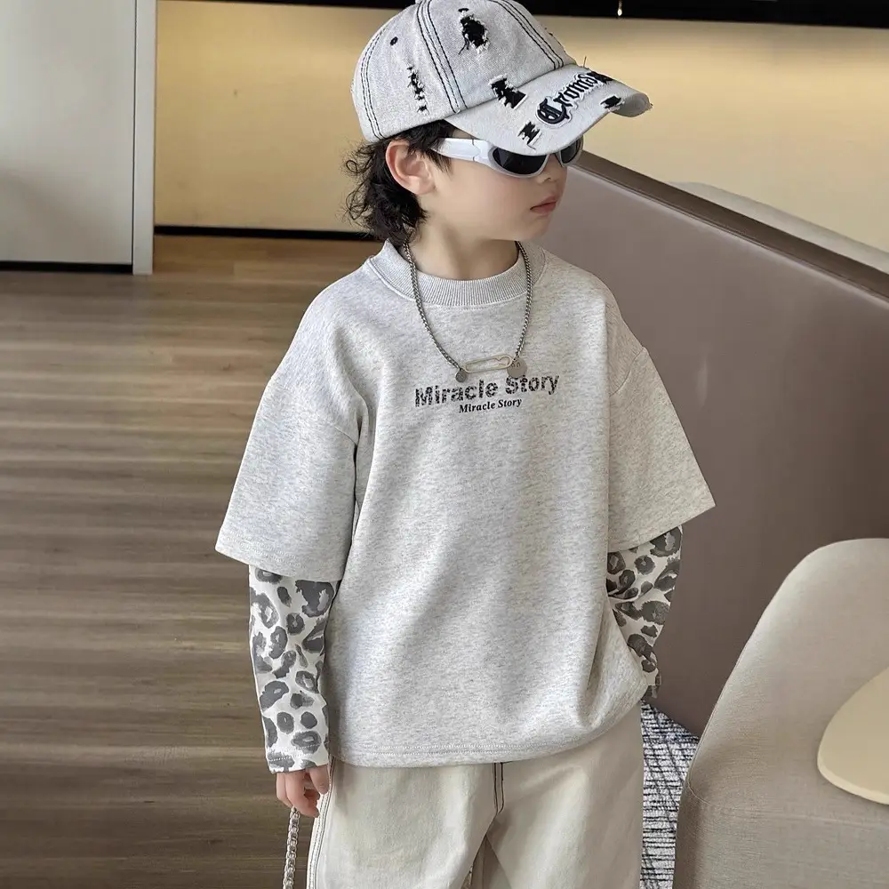 Boys Korean Style Loose T-Shirt Set Cream Patterned - Image 6