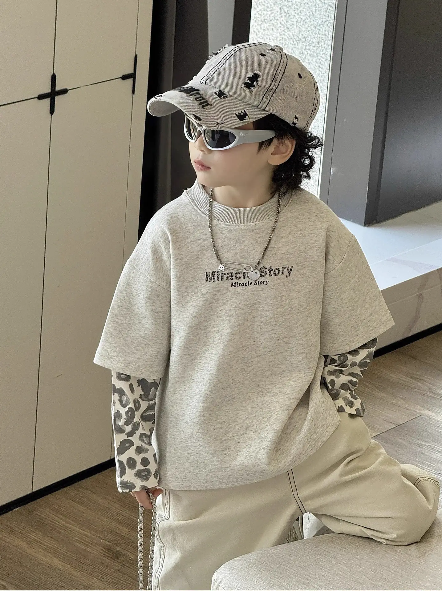 Boys Korean Style Loose T-Shirt Set Cream Patterned — feature 1