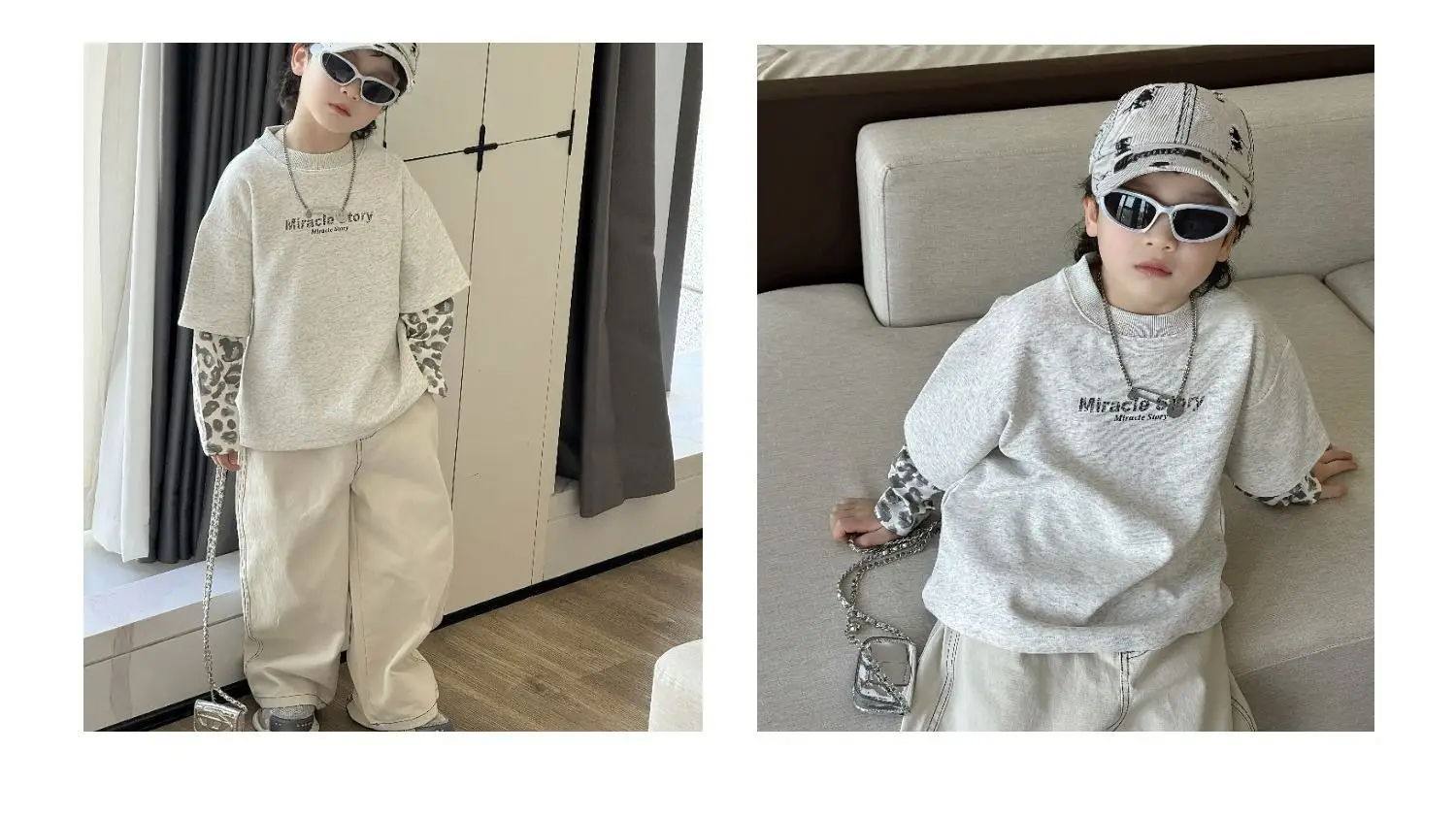 Boys Korean Style Loose T-Shirt Set Cream Patterned — feature 10