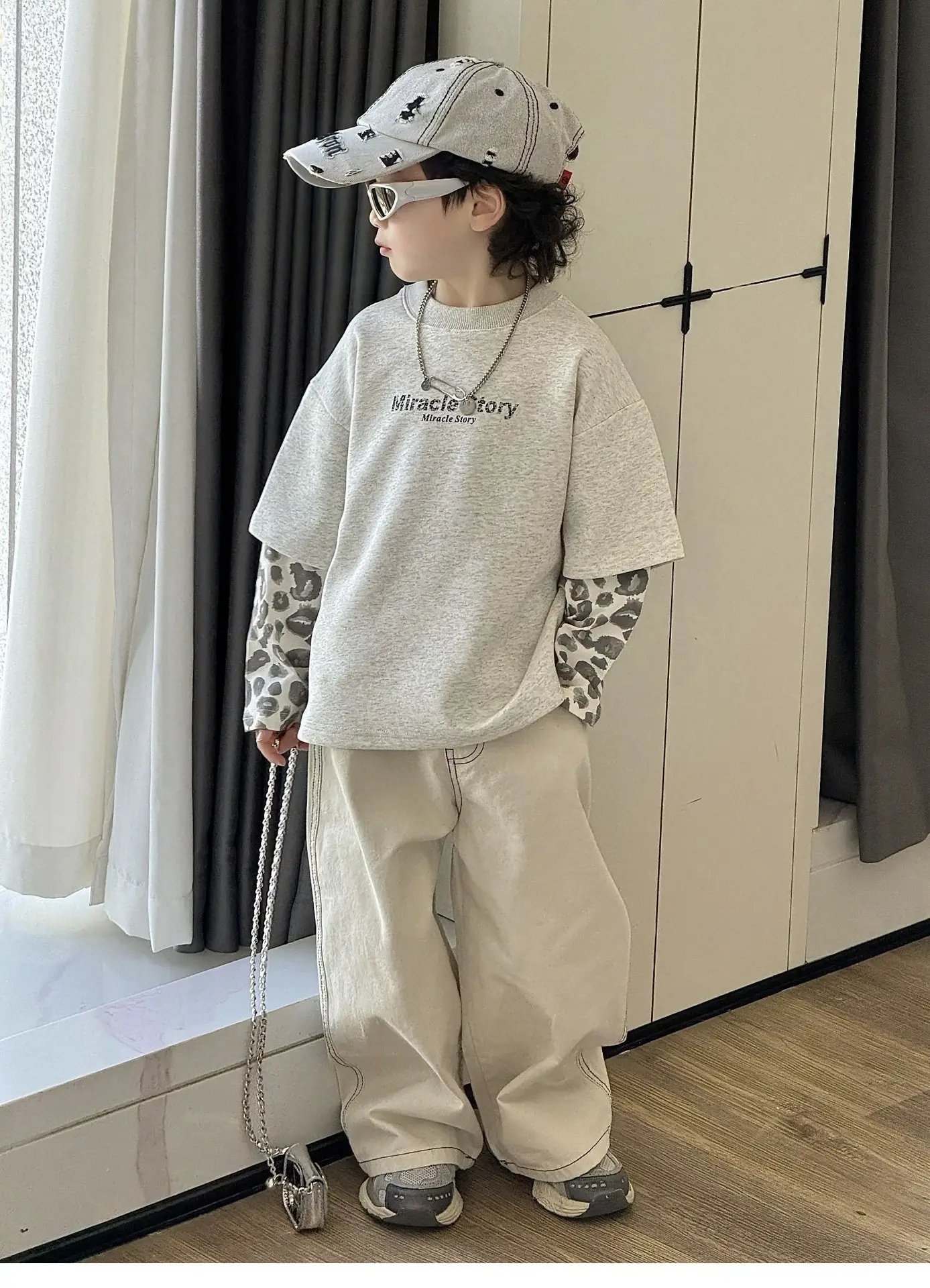 Boys Korean Style Loose T-Shirt Set Cream Patterned — feature 12
