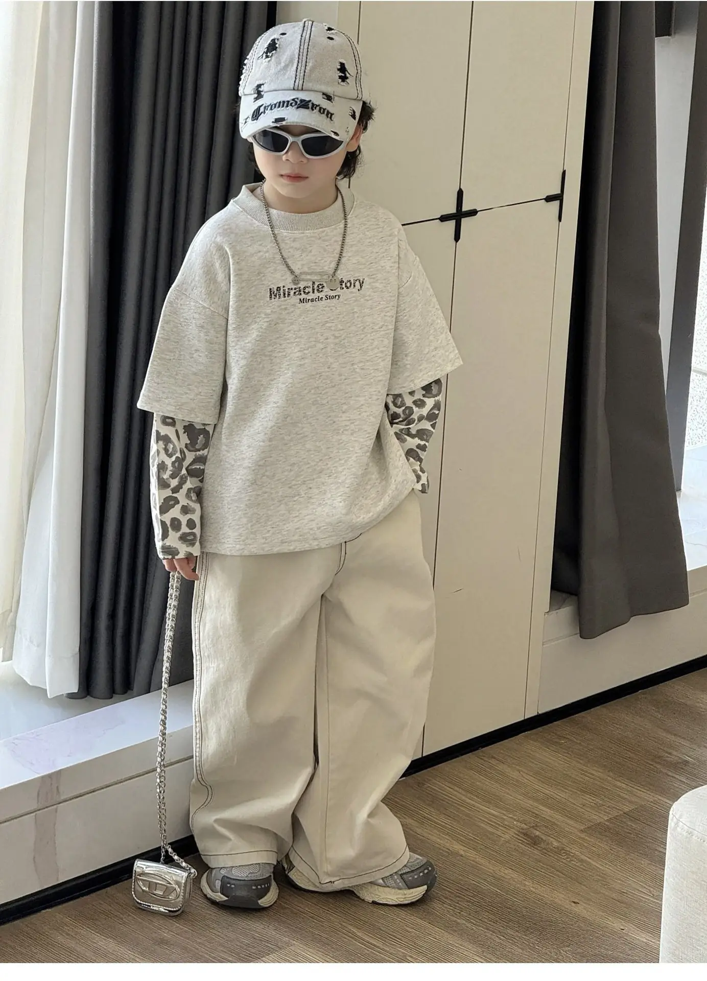 Boys Korean Style Loose T-Shirt Set Cream Patterned — feature 13