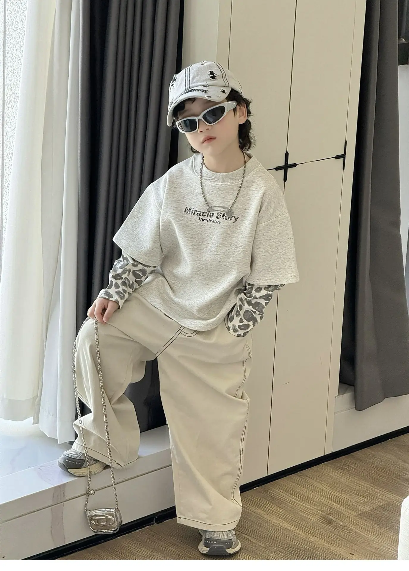 Boys Korean Style Loose T-Shirt Set Cream Patterned — feature 14