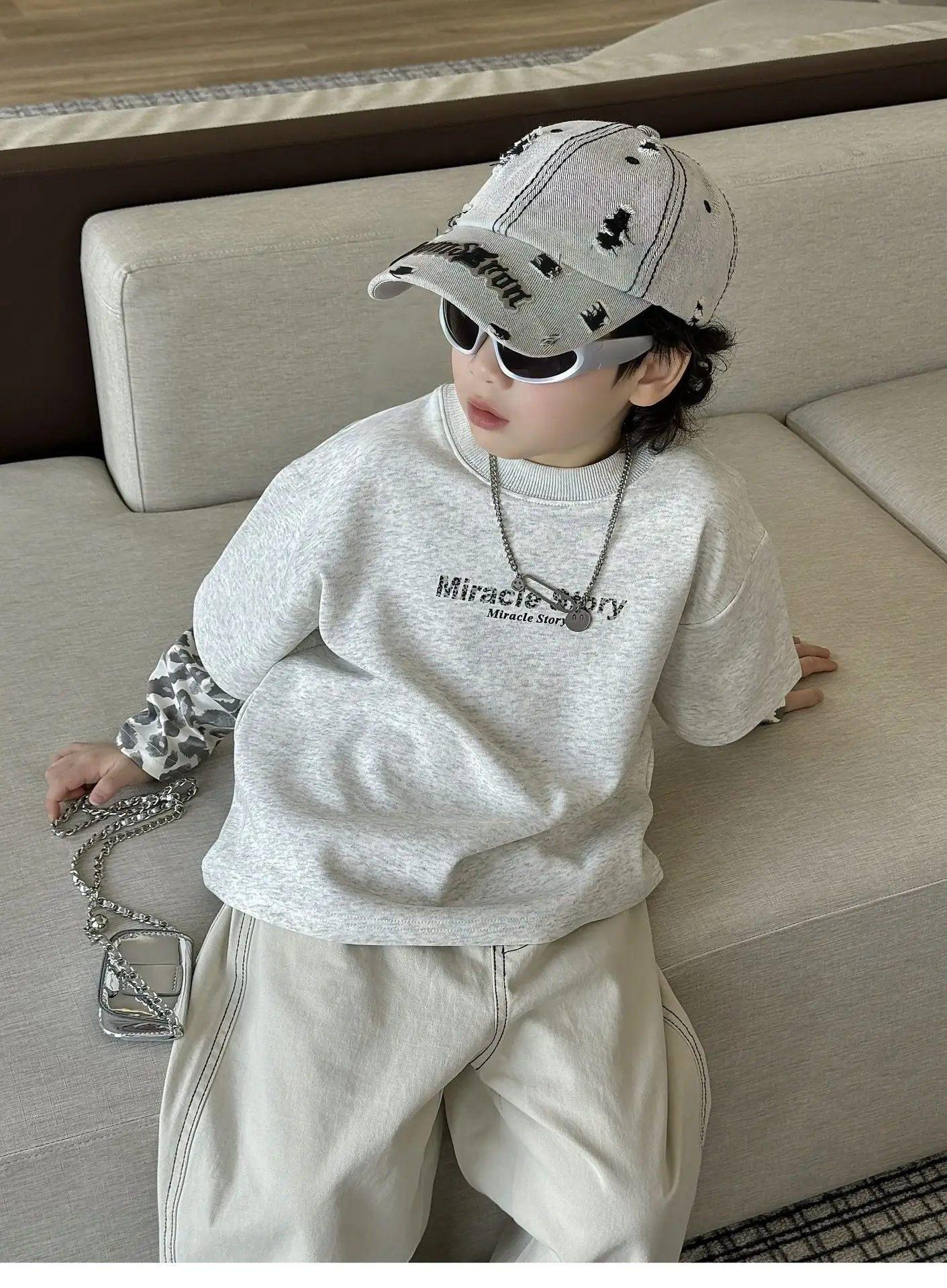 Boys Korean Style Loose T-Shirt Set Cream Patterned — feature 15