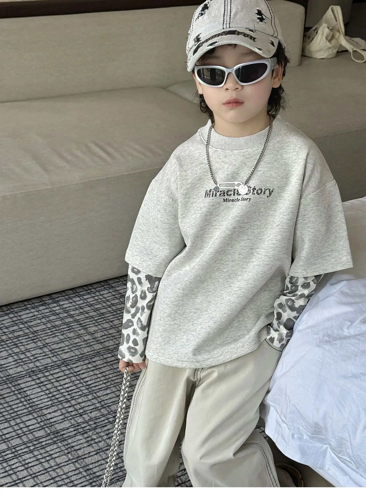Boys Korean Style Loose T-Shirt Set Cream Patterned — feature 16