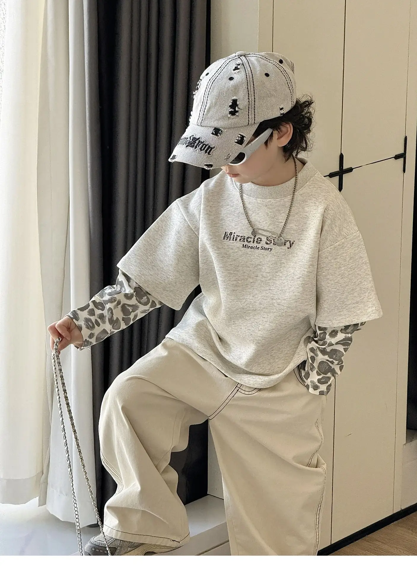 Boys Korean Style Loose T-Shirt Set Cream Patterned — feature 17