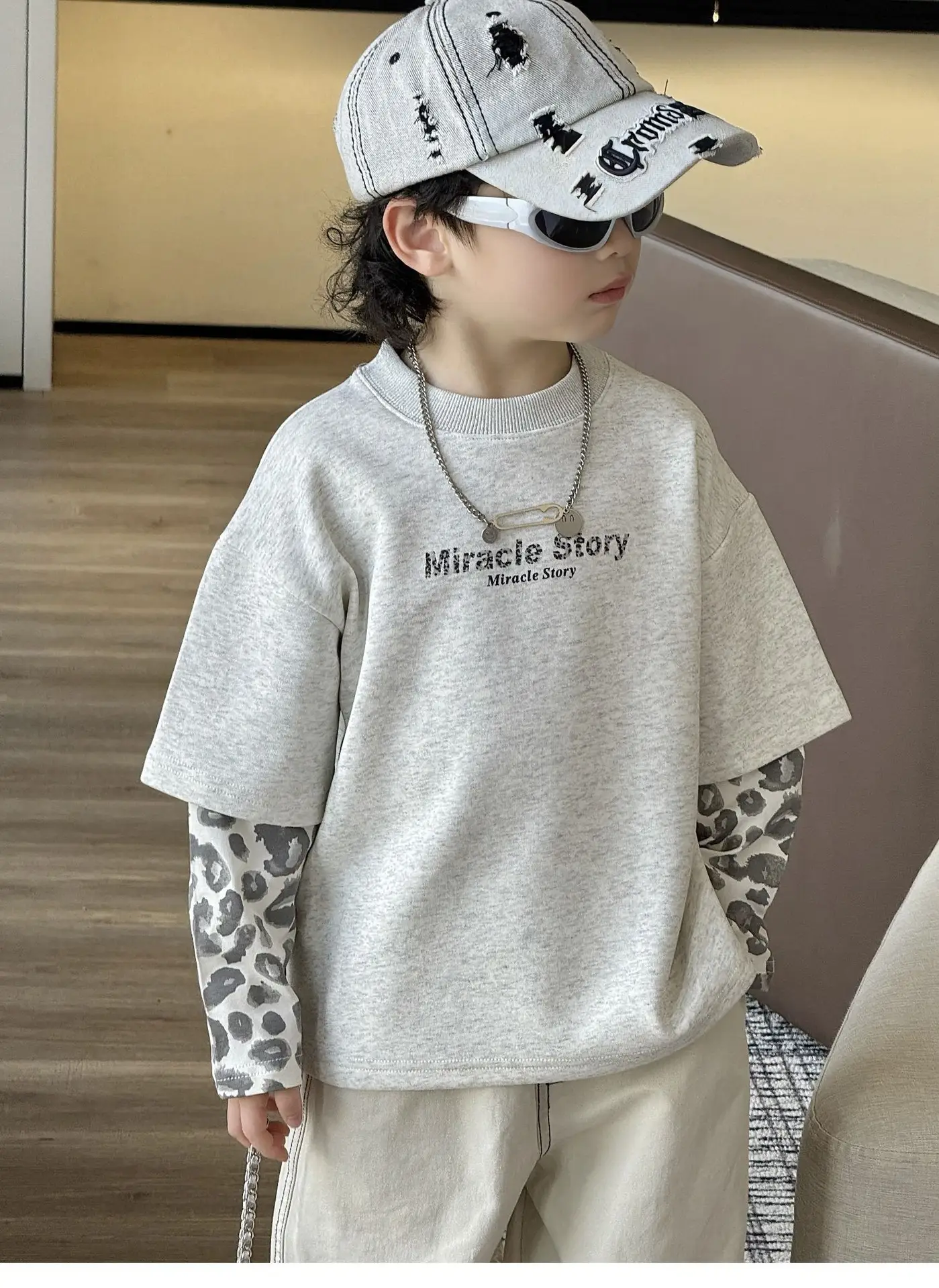 Boys Korean Style Loose T-Shirt Set Cream Patterned — feature 4