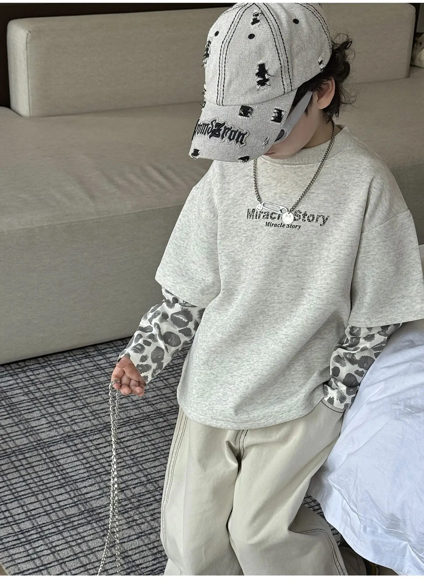 Boys Korean Style Loose T-Shirt Set Cream Patterned — feature 6