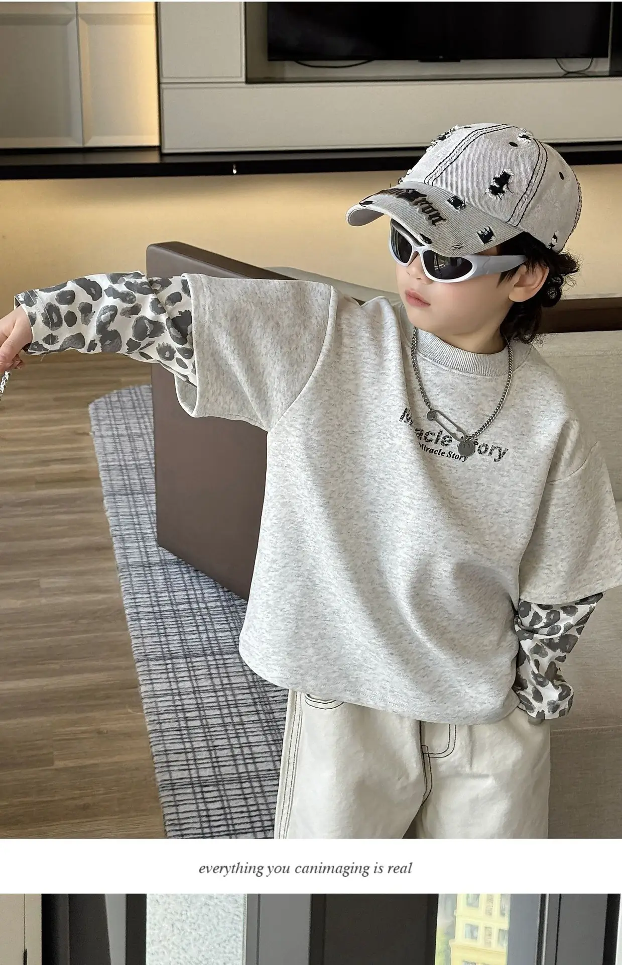 Boys Korean Style Loose T-Shirt Set Cream Patterned — feature 7