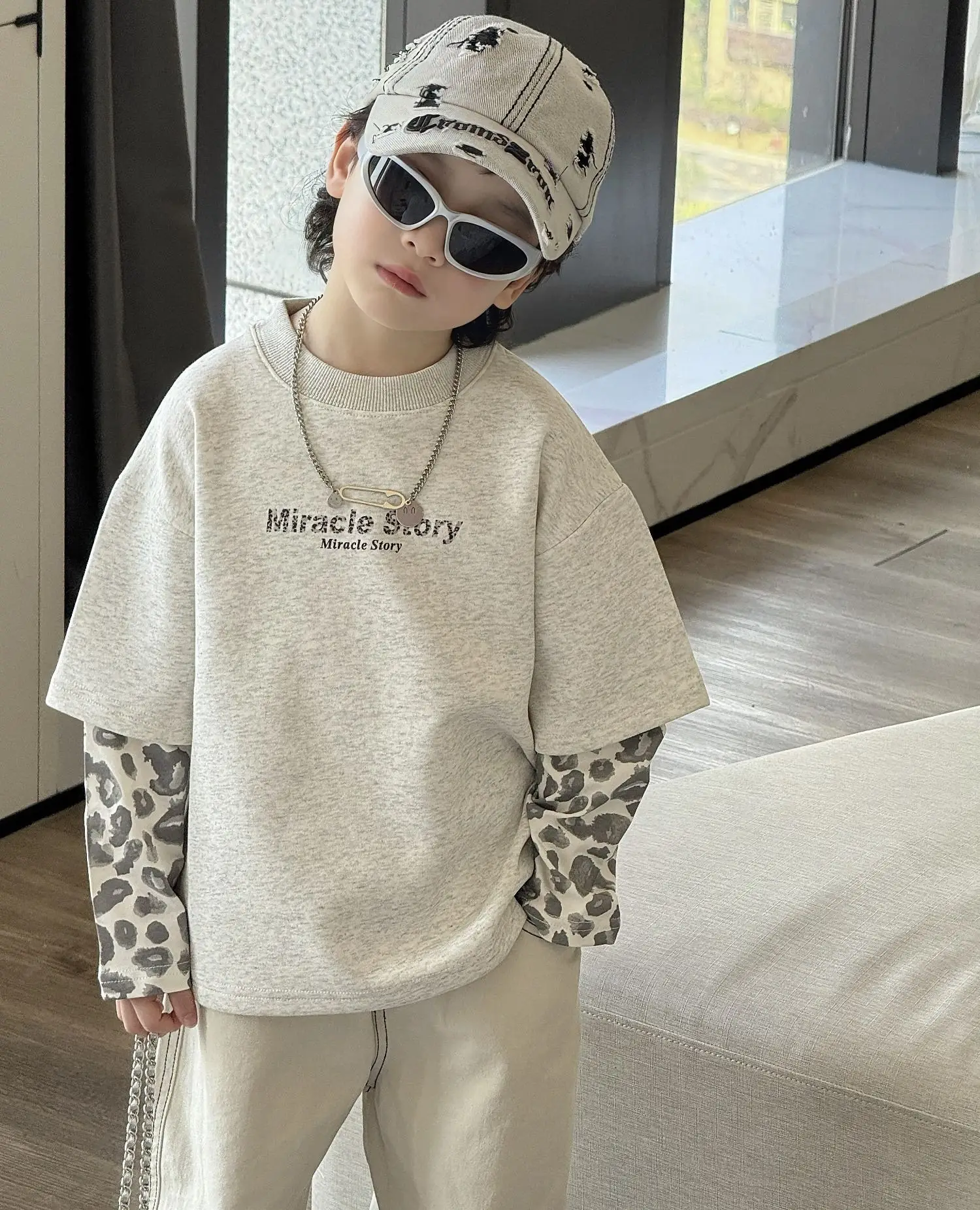 Boys Korean Style Loose T-Shirt Set Cream Patterned — feature 8