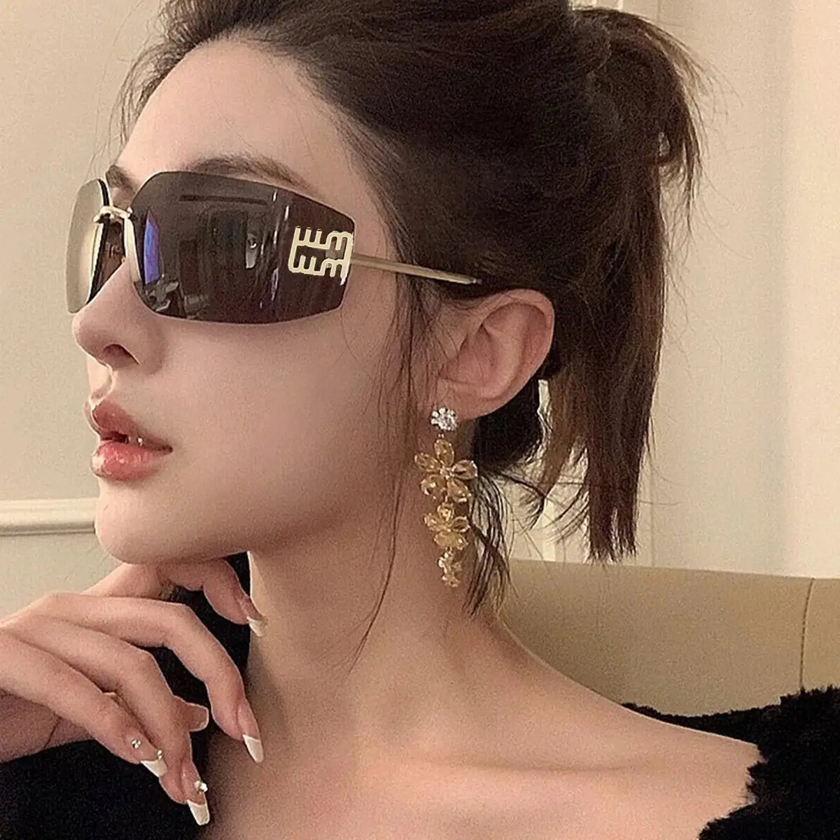 Women Cross-Border Frameless Sunglasses Brown Gold - Image 6